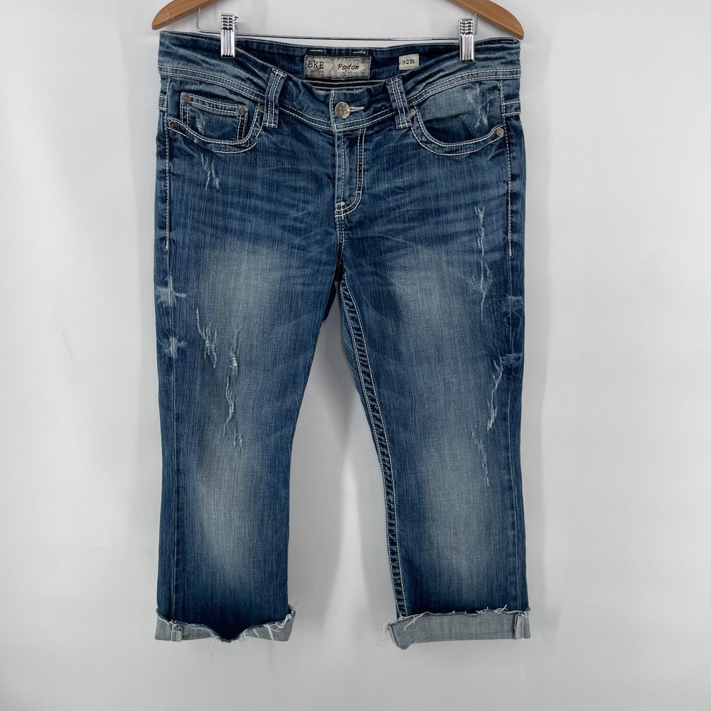 BKE Jeans Women 32 fit 34x22 Blue Payton Bootcut Thick Stitch Stretch Capri READ